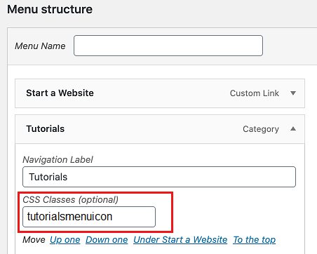 CSS Class Name for Menu Item