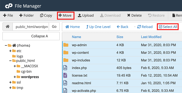 Move WordPress Files in File Manager