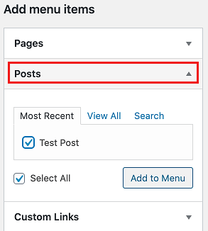 Posts Tab in WordPress Menus Page