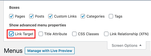 Link Target Option in WordPress Screen Options