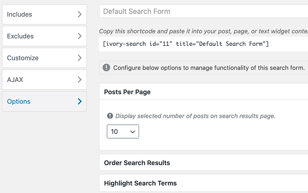 Options Tab in Ivory Search Plugin