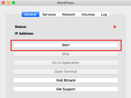 Start WordPress Download in Bitnami App for Mac
